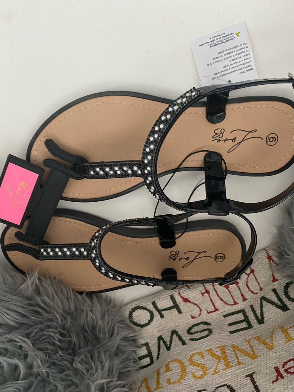 Love Black Rhinestone T-Strap Sandals